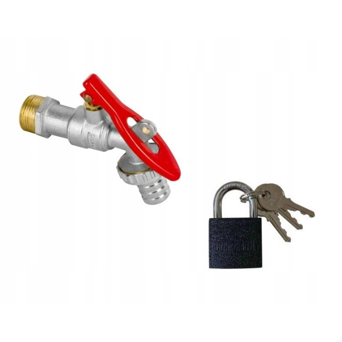 Zawór czerpalny z dławikiem i złączką węża na kłódkę + kłódka 3/4