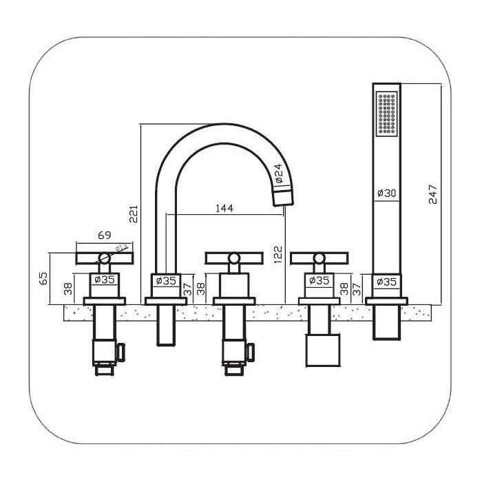 Bateria wannowo - prysznicowa nawannowa Diamond JAWA srebrny 5-OTWOROWA