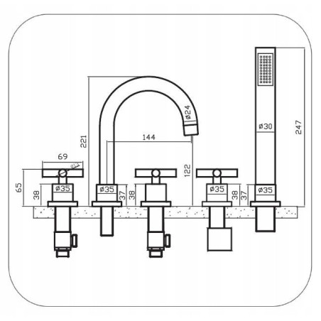 Bateria wannowo - prysznicowa nawannowa Diamond JAWA srebrny 5-OTWOROWA
