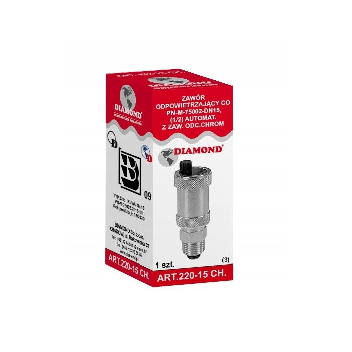 ODPOWIETRZNIK AUTOMATYCZNY Z ZAWOREM ODCINAJĄCYM FI 1/2 " PIONOWY CHROM