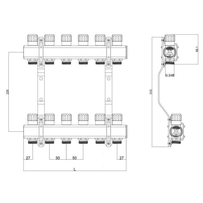 Rozdzielacz 2 sekcje do grzejników c.o. ZAWORAMI REGULACYJNYMI