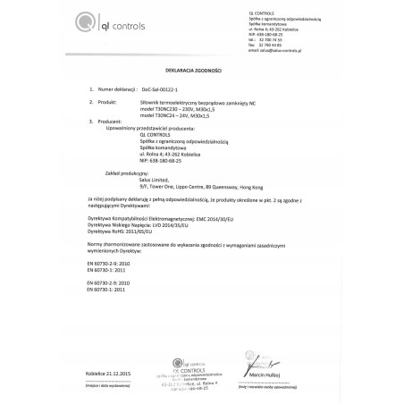 SIŁOWNIK TERMOELEKTRYCZNY DO ROZDZIELACZ T30NC 230V M30x1.5 ENERGOOSZCZĘDNY