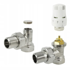 ZESTAW TERMOSTATYCZNY KĄTOWY ZAWÓR ZASILAJĄCY POWROTNY GŁOWICA DO GRZEJNIKA