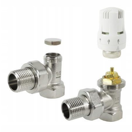 ZESTAW TERMOSTATYCZNY KĄTOWY ZAWÓR ZASILAJĄCY POWROTNY GŁOWICA DO GRZEJNIKA