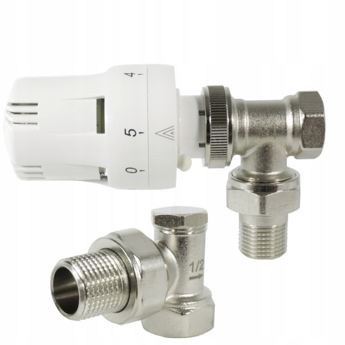 ZESTAW TERMOSTATYCZNY KĄTOWY ZAWÓR ZASILAJĄCY POWROTNY GŁOWICA DO GRZEJNIKA