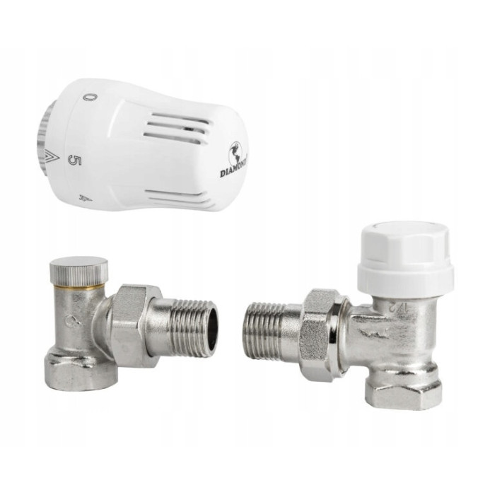 ZESTAW TERMOSTATYCZNY KĄTOWY ZAWÓR ZASILAJĄCY POWROTNY GŁOWICA DO GRZEJNIKA