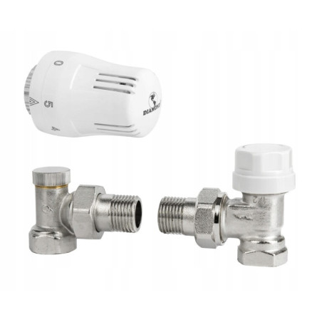 ZESTAW TERMOSTATYCZNY KĄTOWY ZAWÓR ZASILAJĄCY POWROTNY GŁOWICA DO GRZEJNIKA