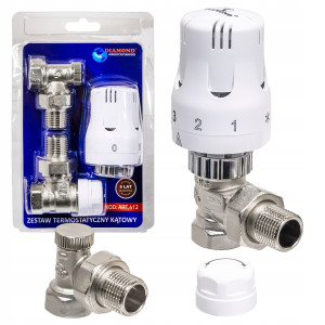 ZESTAW TERMOSTATYCZNY KĄTOWY ZAWÓR ZASILAJĄCY POWROTNY GŁOWICA DO GRZEJNIKA