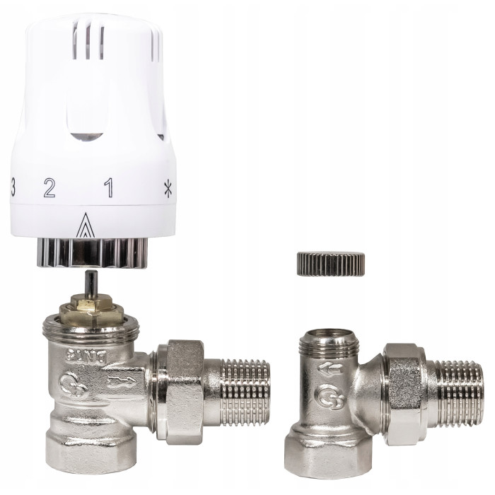 ZESTAW TERMOSTATYCZNY KĄTOWY ZAWÓR ZASILAJĄCY POWROTNY GŁOWICA DO GRZEJNIKA
