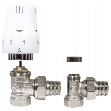 ZESTAW TERMOSTATYCZNY KĄTOWY ZAWÓR ZASILAJĄCY POWROTNY GŁOWICA DO GRZEJNIKA