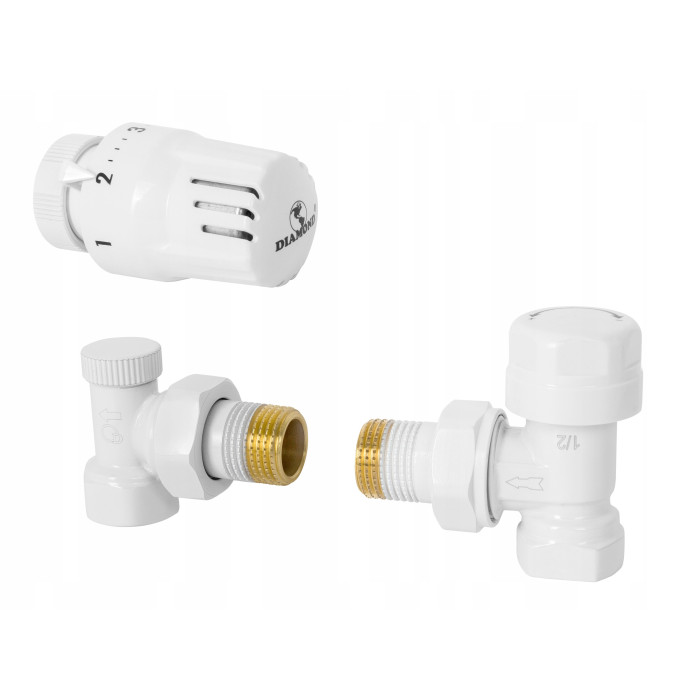 ZESTAW TERMOSTATYCZNY zaworów grzejnikowych BIAŁY 1/2 KĄTOWY GŁOWICA+ZAWORY