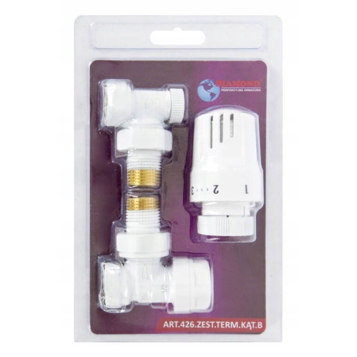 ZESTAW TERMOSTATYCZNY zaworów grzejnikowych BIAŁY 1/2 KĄTOWY GŁOWICA+ZAWORY